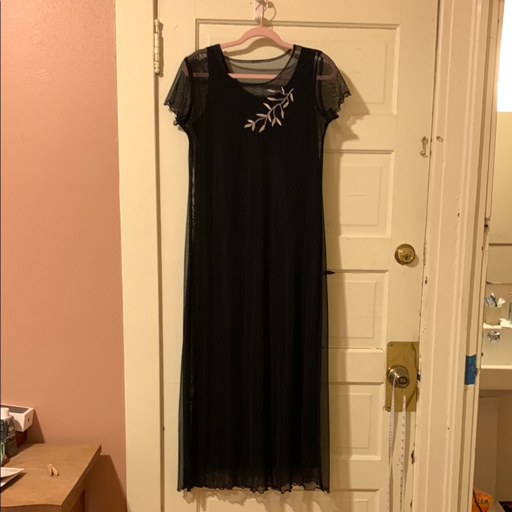 Black Dress with Silver Embroidery Maxi Gown for Wedding Guests